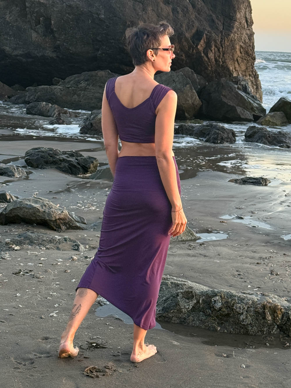 caraucci purple ruched waist midi slit skirt #color_plum