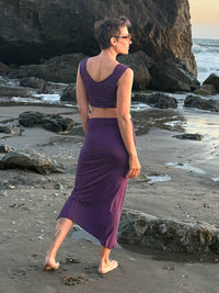 caraucci purple ruched waist midi slit skirt #color_plum