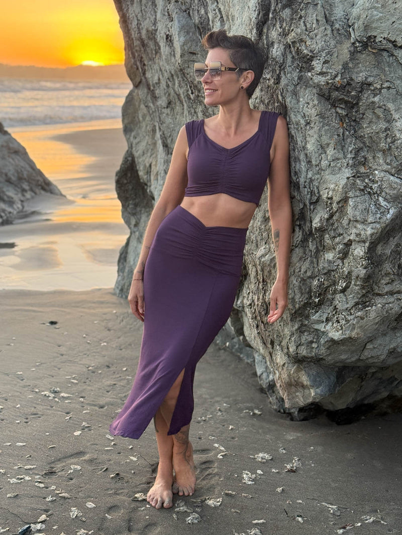 caraucci purple ruched waist midi slit skirt #color_plum