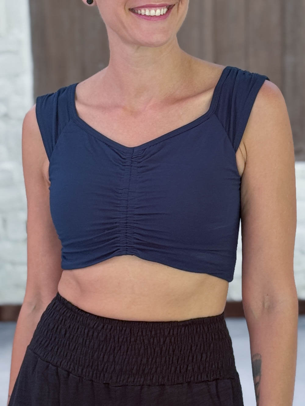 caraucci sweetheart neckline navy blue ruched crop top in lightweight stretch jersey #color_navy