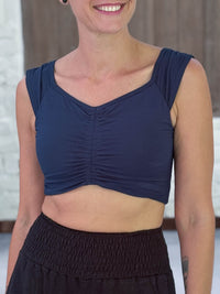 caraucci sweetheart neckline navy blue ruched crop top in lightweight stretch jersey #color_navy