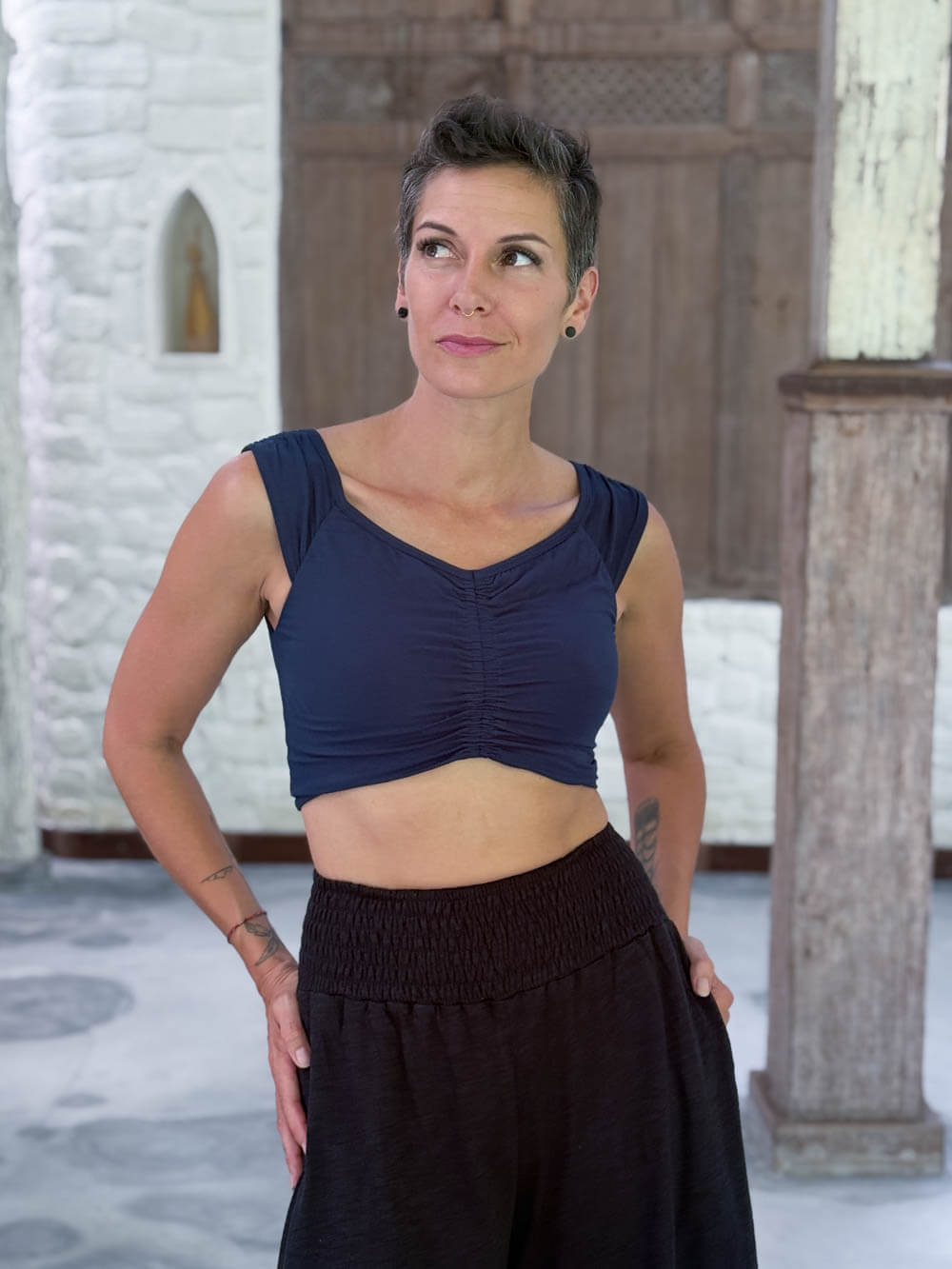 caraucci sweetheart neckline navy blue ruched crop top in lightweight stretch jersey #color_navy