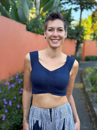 caraucci sweetheart neckline navy blue ruched crop top in lightweight stretch jersey #color_navy