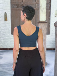 caraucci sweetheart neckline teal blue ruched crop top in lightweight stretch jersey #color_teal