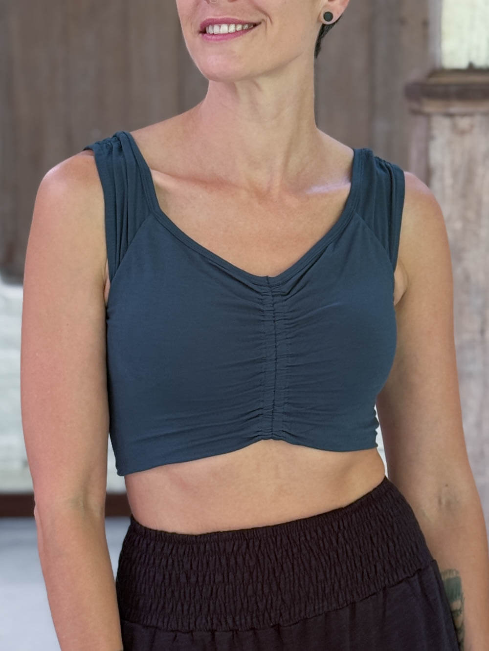 caraucci sweetheart neckline teal blue ruched crop top in lightweight stretch jersey #color_teal
