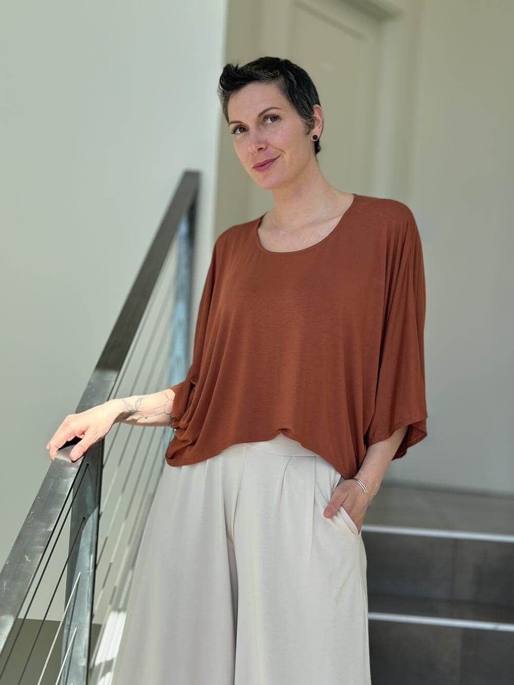 caraucci loose round neck orange dolman sleeve free size top #color_copper