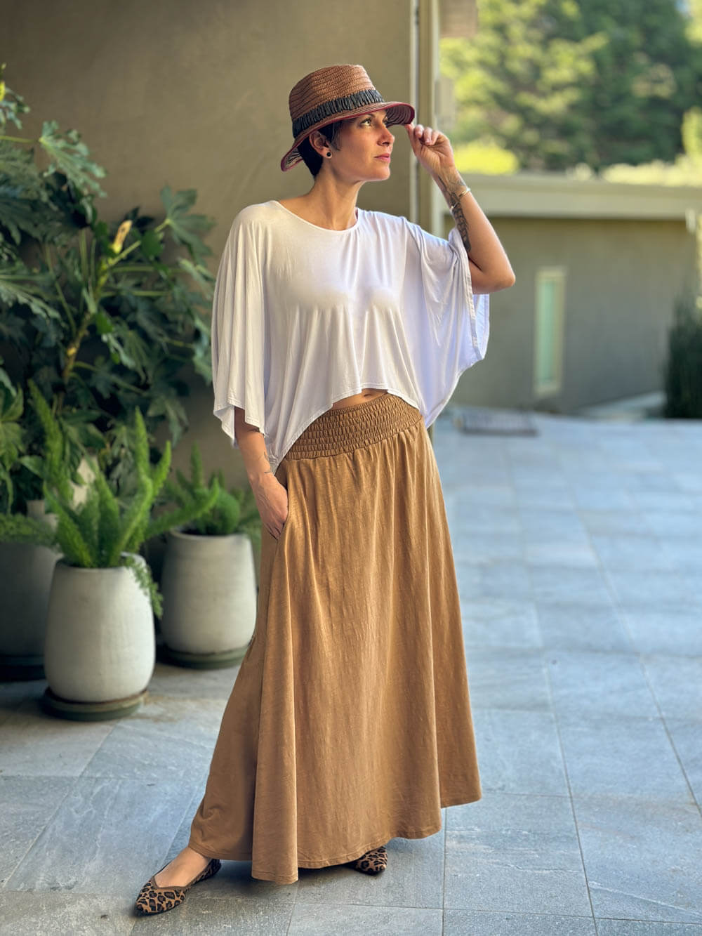 caraucci gold cotton smocked waist pocket skirt #color_camel