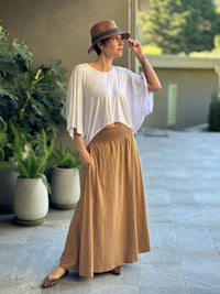 caraucci gold cotton smocked waist pocket skirt #color_camel