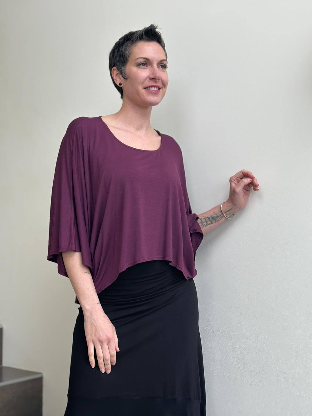 caraucci loose round neck purple dolman sleeve free size top #color_jam