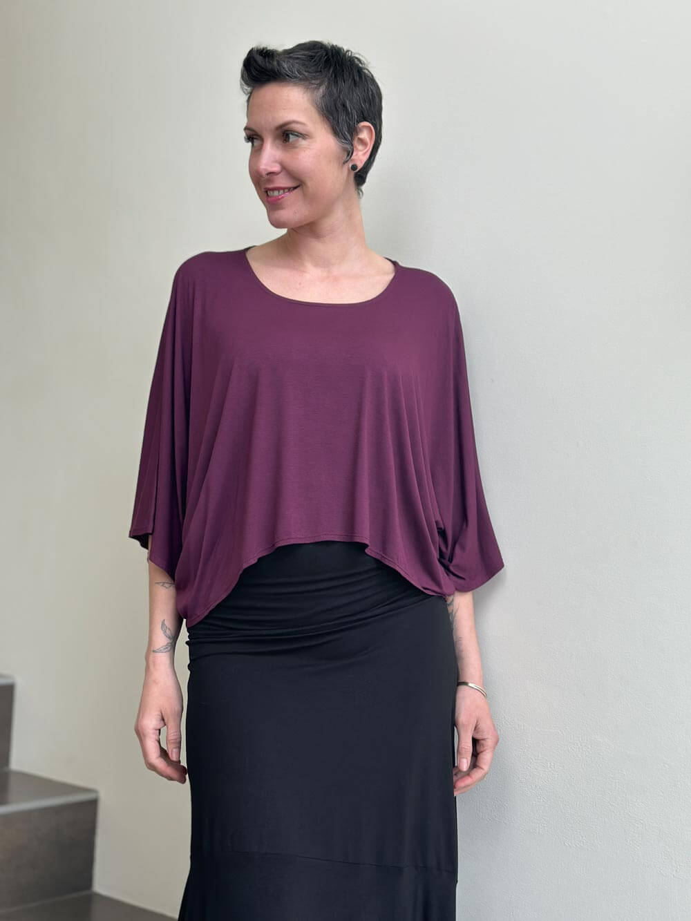 caraucci loose round neck purple dolman sleeve free size top #color_jam