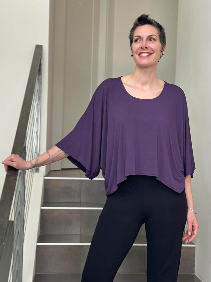 caraucci loose round neck purple dolman sleeve free size top #color_plum