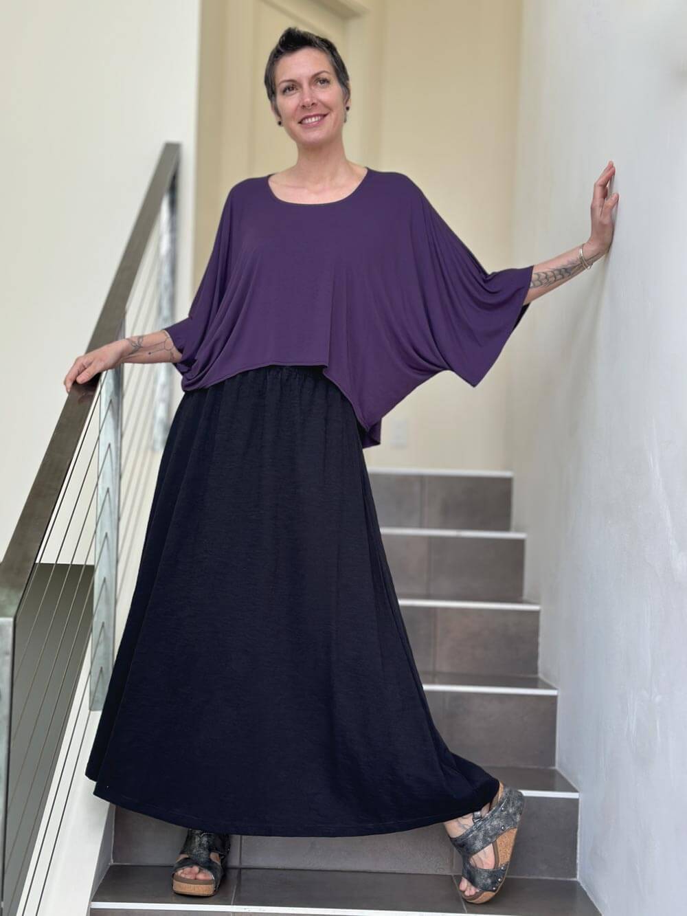 caraucci loose round neck purple dolman sleeve free size top #color_plum