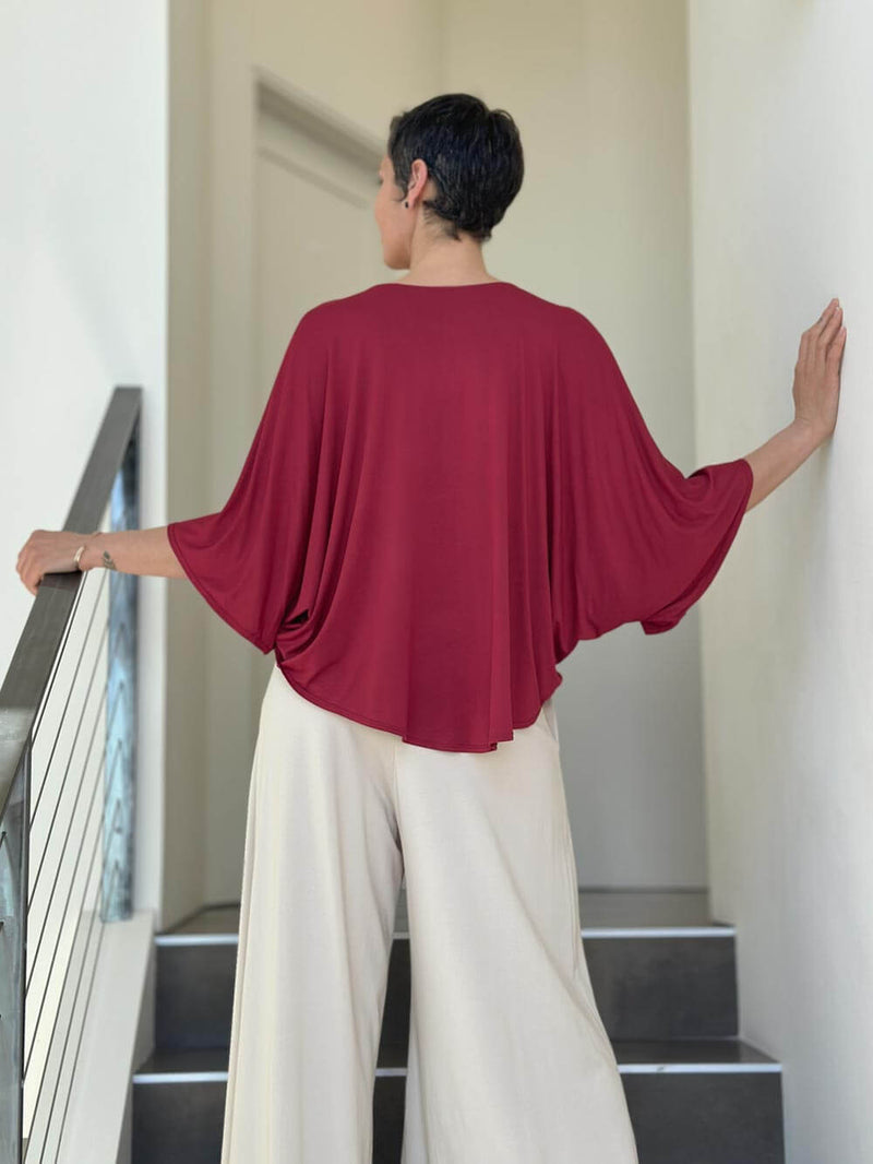 caraucci loose round neck red dolman sleeve free size top #color_scarlet