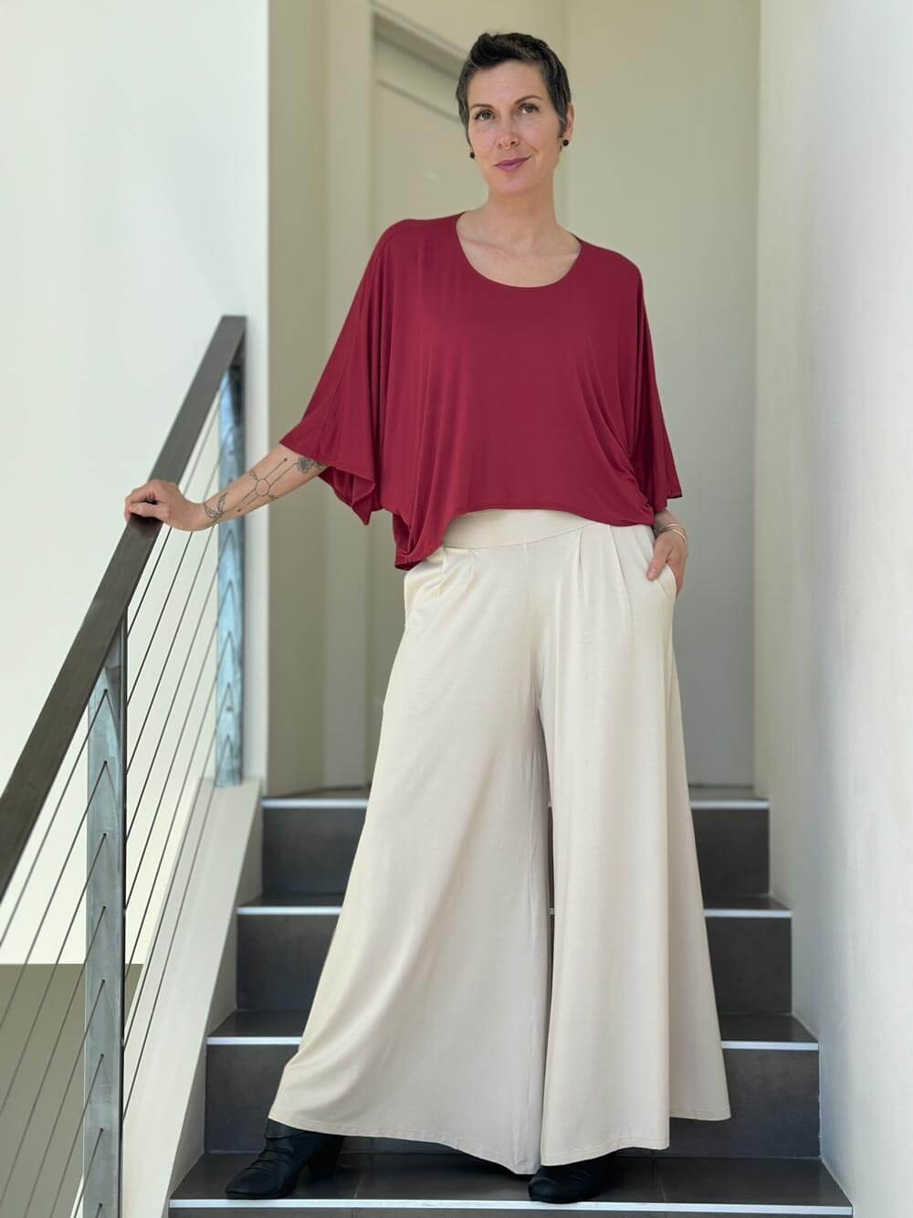 caraucci high waisted wide leg cream flare pants with side pockets #color_cream