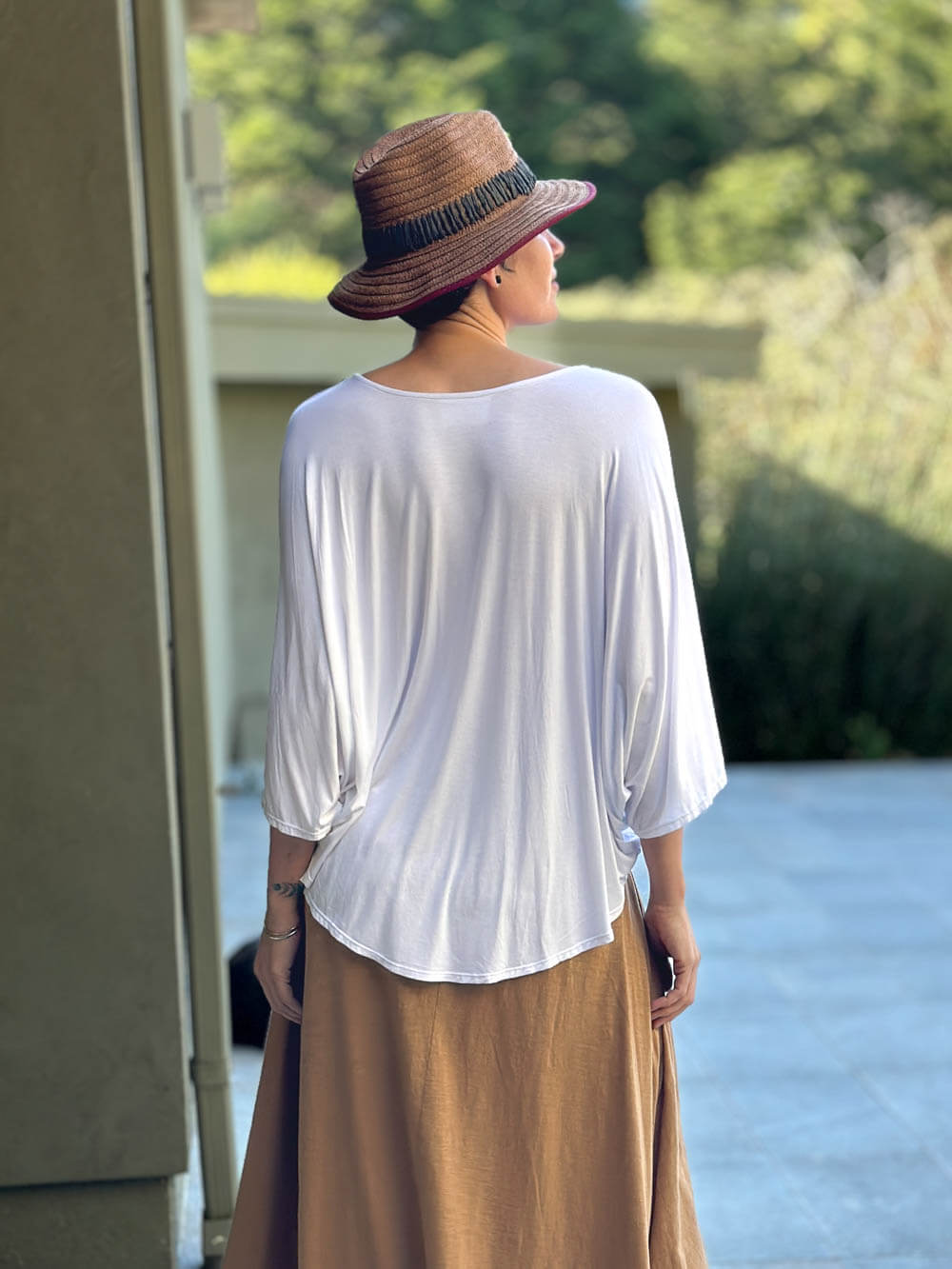caraucci loose round neck white dolman short sleeve top #color_white