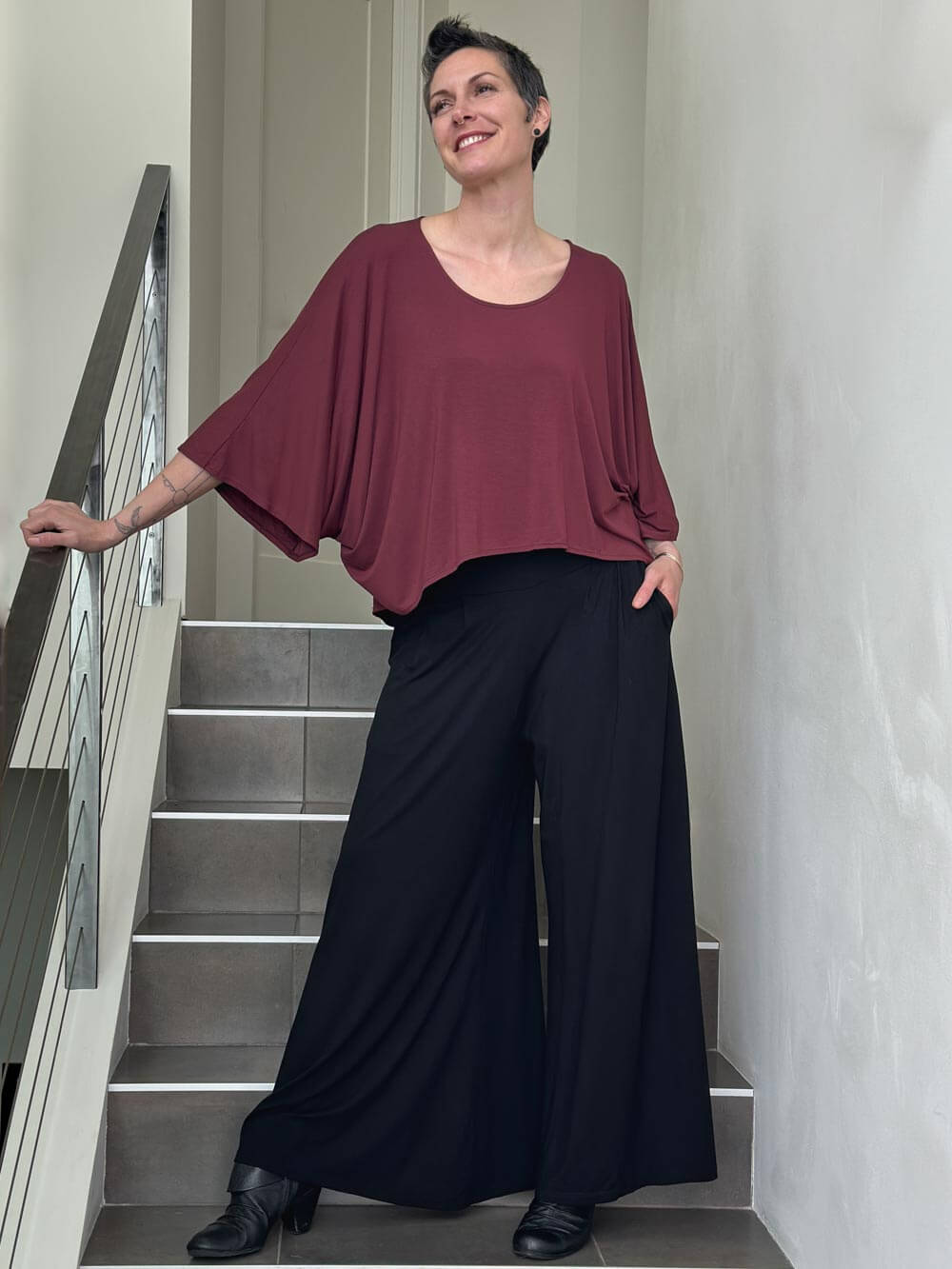 caraucci loose round neck maroon dolman sleeve free size top #color_wine