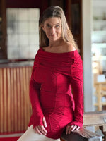 women's plant-based textured jersey long sleeve versatile cowl neck red tunic with thumbholes #color_red