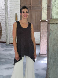 caraucci black scoop neck texture detailed tunic with cream flare joy pants  #color_black