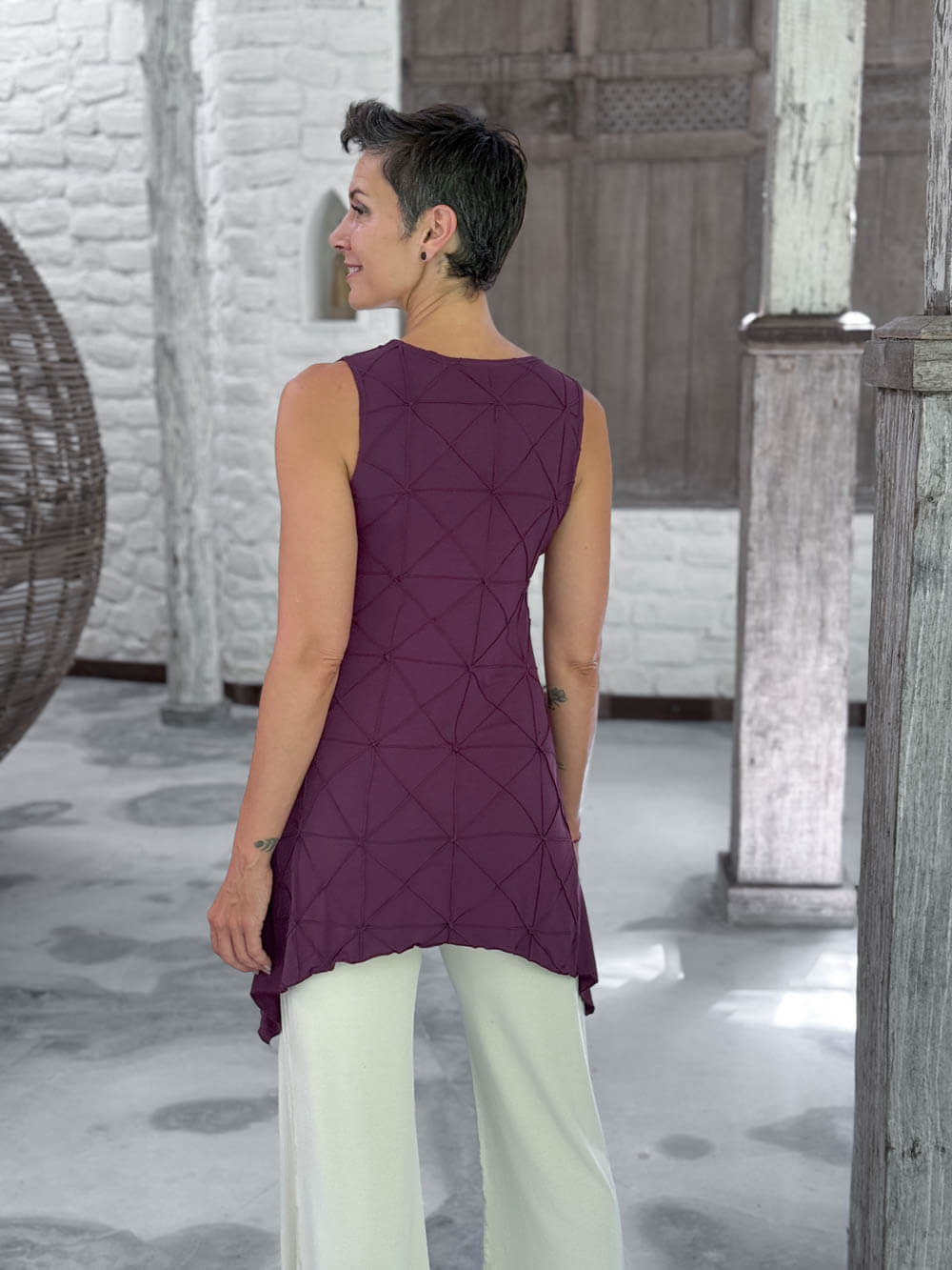 caraucci purple scoop neck texture detailed tunic with cream flare joy pants  #color_jam