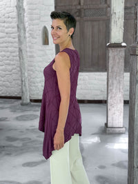 caraucci purple scoop neck texture detailed tunic with cream flare joy pants  #color_jam