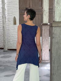 caraucci navy blue scoop neck texture detailed tunic with cream flare joy pants  #color_navy