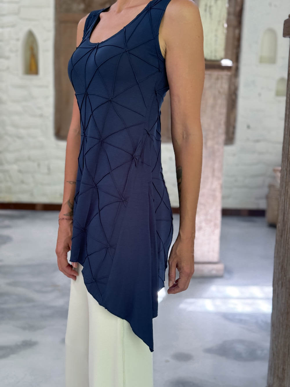 caraucci navy blue scoop neck texture detailed tunic with cream flare joy pants  #color_navy