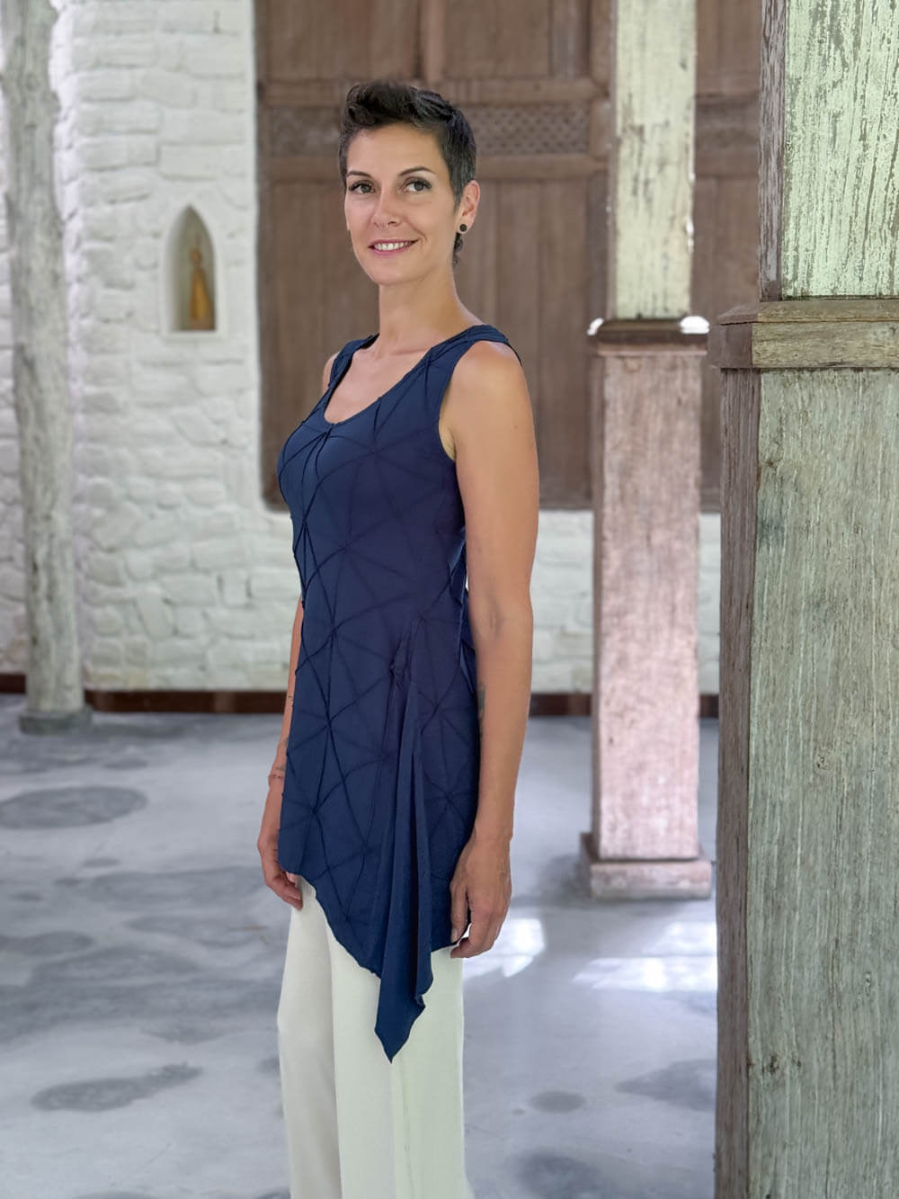 caraucci navy blue scoop neck texture detailed tunic with cream flare joy pants  #color_navy