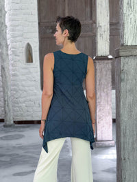 caraucci teal blue scoop neck texture detailed tunic with cream flare joy pants  #color_teal