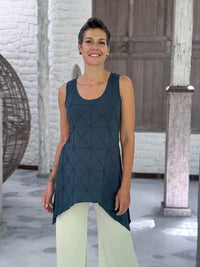 caraucci teal blue scoop neck texture detailed tunic with cream flare joy pants  #color_teal