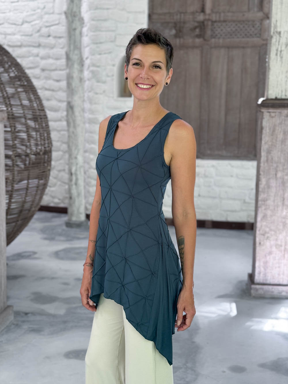 caraucci teal blue scoop neck texture detailed tunic with cream flare joy pants  #color_teal