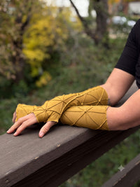 women's plant based rayon jersey stretchy mustard yellow textured fingerless gloves #color_saffron