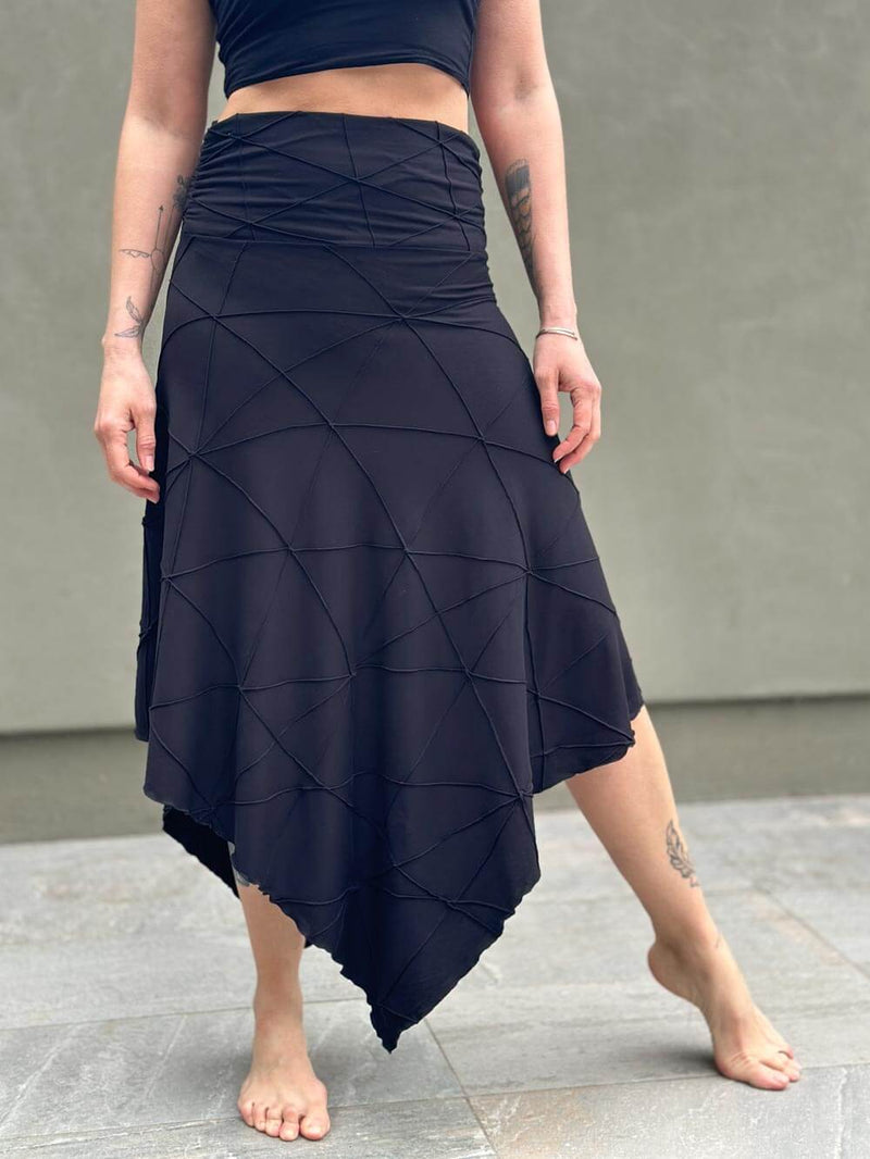 women's plant based rayon jersey stretchy asymmetrical black midi skirt with fold-over waistband #color_black