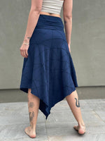 women's plant based rayon jersey stretchy asymmetrical navy midi skirt with fold-over waistband #color_navy