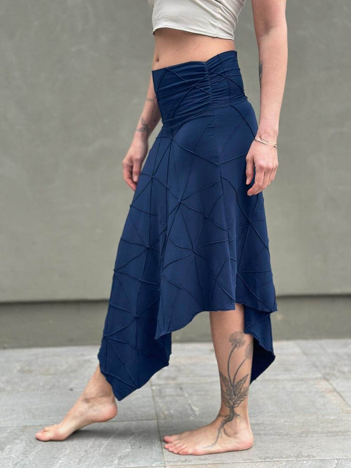 women's plant based rayon jersey stretchy asymmetrical navy midi skirt with fold-over waistband #color_navy