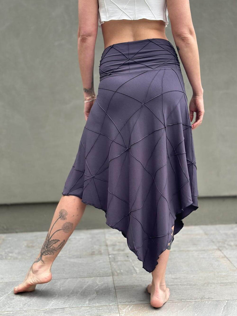 women's plant based rayon jersey stretchy asymmetrical steel grey midi skirt with fold-over waistband #color_steel