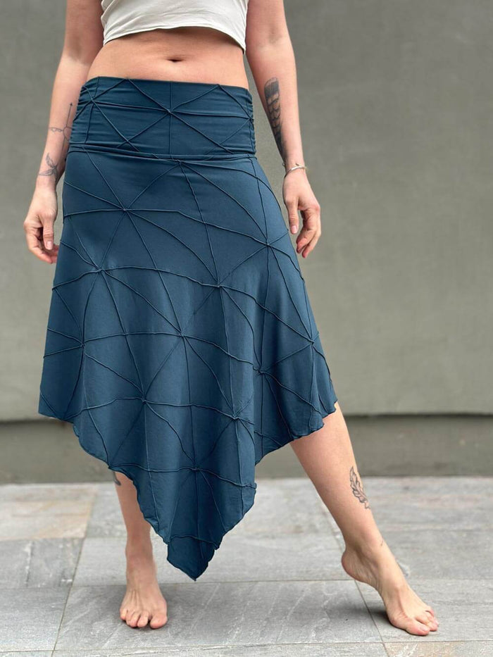 women's plant based rayon jersey stretchy asymmetrical teal blue midi skirt with fold-over waistband #color_teal