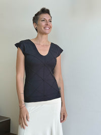 caraucci fitted cap sleeve black top with geometric stitched texture details #color_black