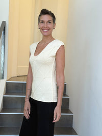 caraucci fitted cap sleeve cream top with geometric stitched texture details #color_cream