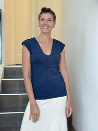 caraucci fitted cap sleeve navy blue top with geometric stitched texture details #color_navy