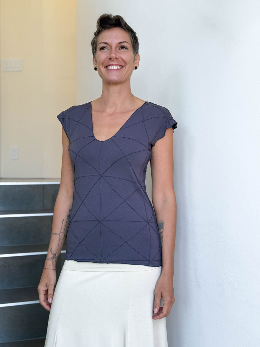 caraucci fitted cap sleeve steel grey top with geometric stitched texture details #color_steel