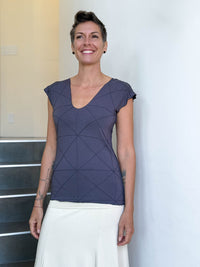 caraucci fitted cap sleeve steel grey top with geometric stitched texture details #color_steel