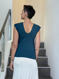 caraucci fitted cap sleeve teal blue top with geometric stitched texture details #color_teal