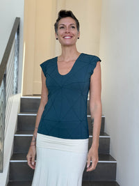 caraucci fitted cap sleeve teal blue top with geometric stitched texture details #color_teal