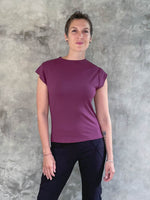 caraucci women's plant-based rayon jersey sleek fit purple high neck cap sleeve top #color_jam