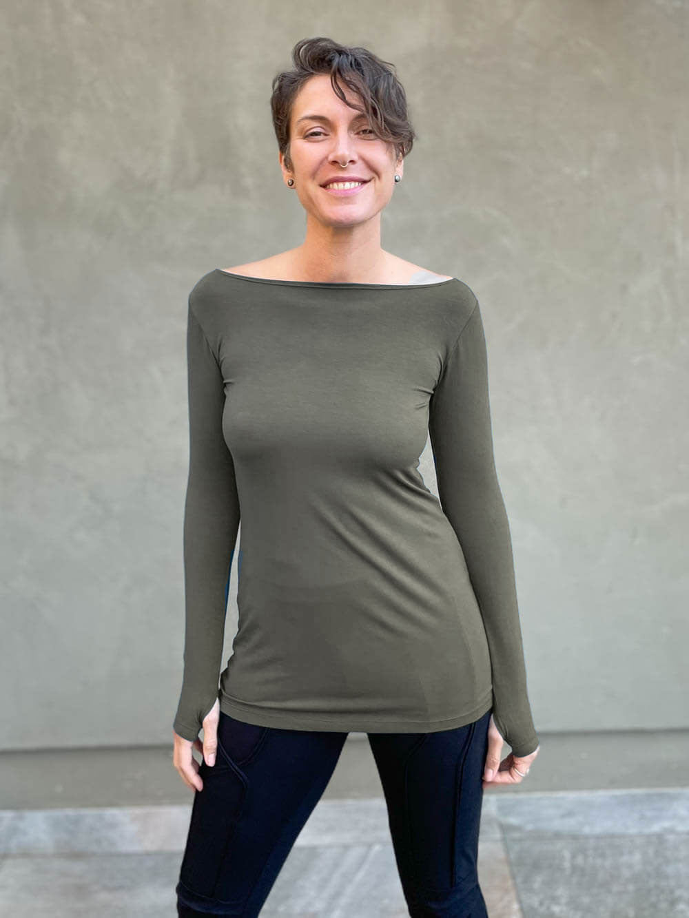 women's long sleeve forest green jersey boatneck long sleeve top #color_forest