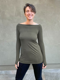 women's long sleeve forest green jersey boatneck long sleeve top #color_forest