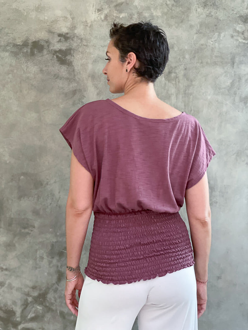 women's lightweight dusty rose cotton jersey top with smocked waist band and cap sleeves  #color_mangosteen