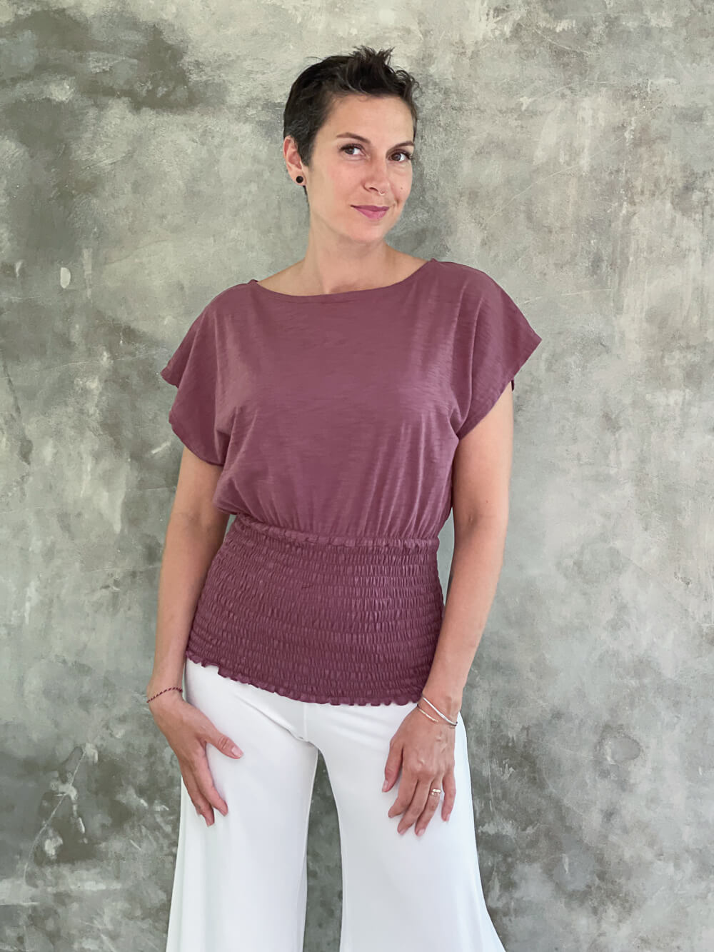 women's lightweight dusty rose cotton jersey top with smocked waist band and cap sleeves  #color_mangosteen