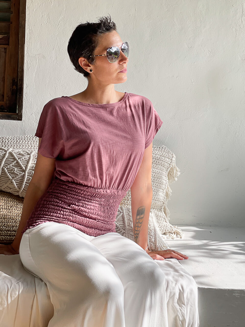 women's lightweight dusty rose cotton jersey top with smocked waist band and cap sleeves  #color_mangosteen