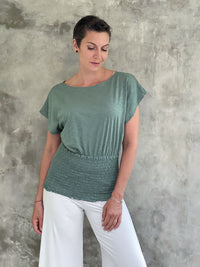 women's lightweight sea green cotton jersey top with smocked waist band and cap sleeves #color_matcha